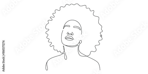 Minimalist one line art portrait of a woman with an afro looking up with closed eyes