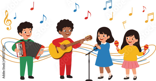 Children music band flat vector illustration with kids playing instruments, singing together and enjoying joyful musical performance