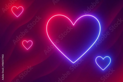 Futuristic abstract Valentines day background with neon hearts and smooth red-purple gradients.