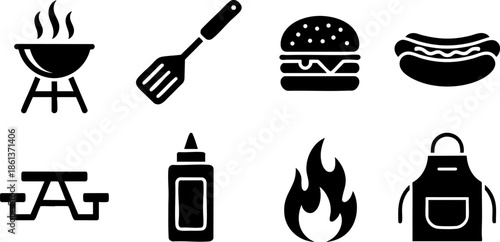 Barbecue Picnic Icons Set EPS Grill Burger Hotdog Apron Vector
