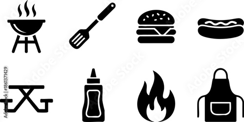 Barbecue Picnic Icons Set EPS Grill Burger Hotdog Apron Vector