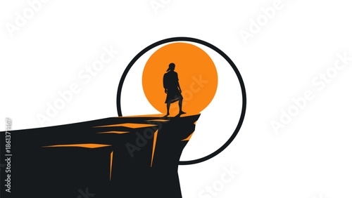 Silhouette of a person standing on a cliff edge at sunset.