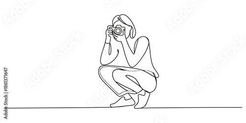 A young photographer captures a moment while crouching, continuous line art style