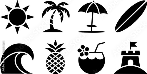 Summer Tropical Icons Set EPS Sun Palm Wave Surf Pineapple Vector