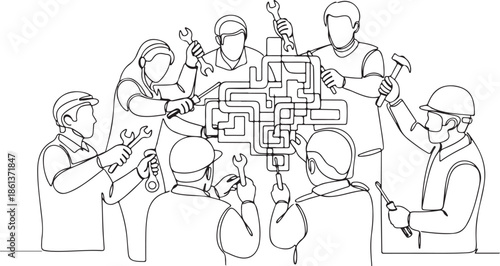 Clean Line Art Business Team Collaboration Concept Illustration. Generative Ai