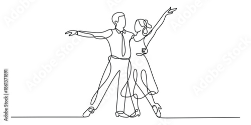 Elegant continuous line art drawing of a dynamic couple performing a ballroom dance