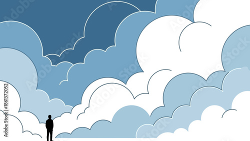 Man standing alone on cloudy horizon with blue sky background