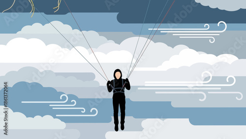 Person paragliding through clouds with wind currents