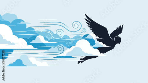 Bird soaring through dynamic clouds with swirling winds