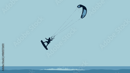 Kite surfer soaring through air with parachute over ocean waves