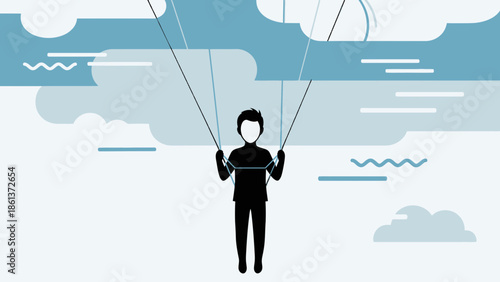 Man in black suit flying through air with ropes in hand