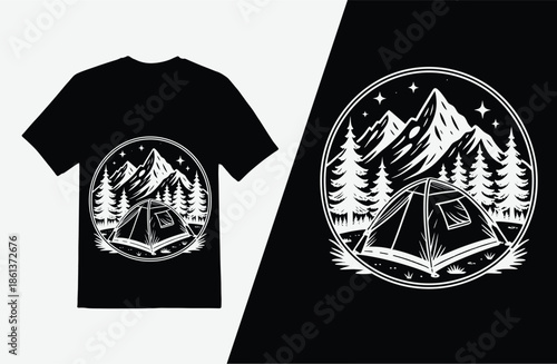 Camping adventure t-shirt design with mountain landscape and a tent