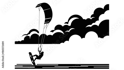 Kitesurfer in action against cloudy sky background