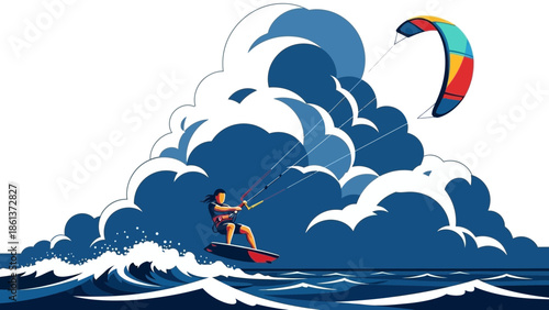 Kitesurfer riding waves with colorful kite in cloudy sky