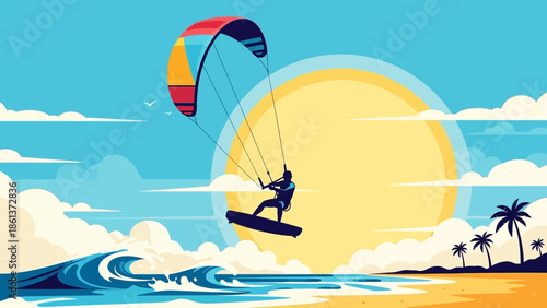 Kite surfer gliding over waves towards tropical beach at sunset
