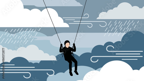 Person ziplining through stormy clouds with wind and rain