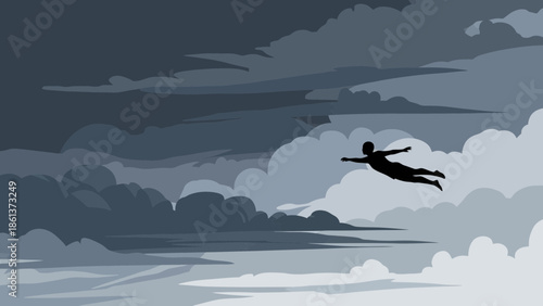 Man flying through clouds with arms outstretched in freedom