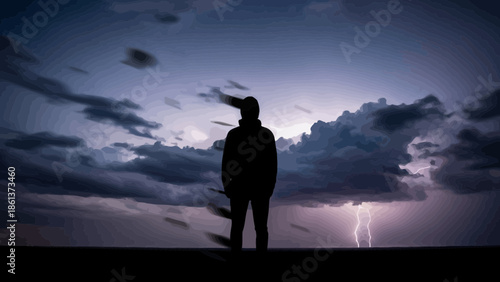 Silhouette of a person standing alone in a dramatic stormy landscape