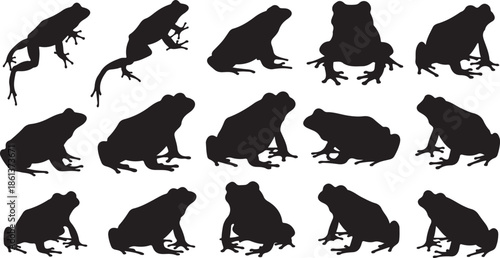 Collection of black frog silhouettes in various poses on white background amphibian