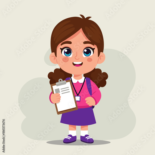 smiling schoolgirl character with a backpack holding a clipboard for educational blogs, primary school websites, back to school banners and stationery design, with copy space