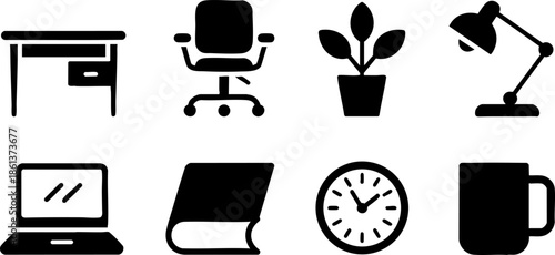 Office Workspace Icons Set EPS Desk Chair Lamp Laptop Clock Vector