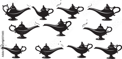 Collection of black silhouette magic genie lamps with smoke and sparkles magic lamp aladdin lamp