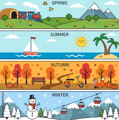 Flat Vector Illustration Set of Four Seasons Spring Summer Autumn Winter