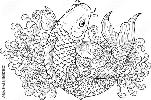 Detailed black and white koi fish vector line art illustration with chrysanthemum flowers and water ripples for traditional oriental design.