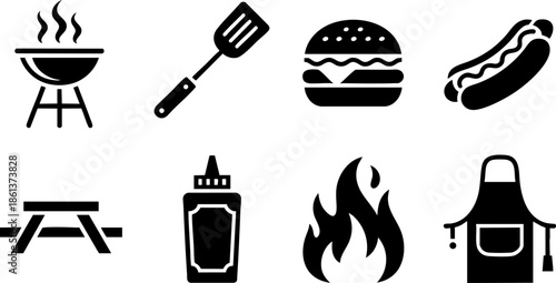 Barbecue Picnic Icons Set EPS Grill Burger Hotdog Food Vector