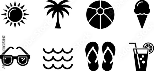 Summer Beach Icons Set EPS Sun Palm Ice Cream Waves Sunglasses Vector