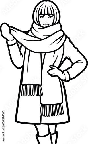 Stylish young woman wearing a warm winter coat and a long fringed scarf poses confidently with gloved hands against a white background.