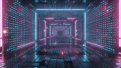 Futuristic neon light tunnel background with glowing cyber elements and abstract geometric motion
