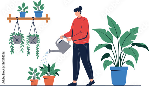 Home gardening and plant care flat vector illustration with woman watering indoor plants and hanging pots