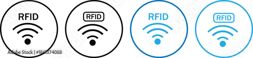 RFID icon set. Radio frequency identification symbols. Contactless chip graphic design. Smart tagging and tracking signs
