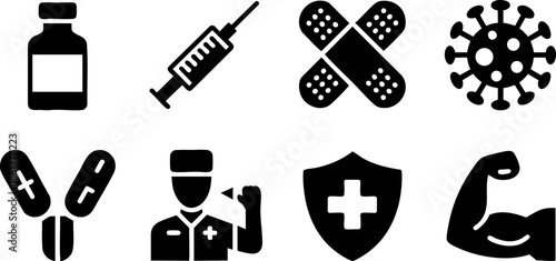Medical Healthcare Icons Set EPS Vaccine Injection Shield Muscle Pharmacy