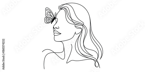 Elegant one line drawing of a woman's profile featuring a delicate butterfly