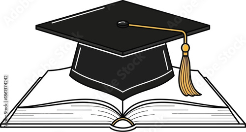 Simple black graduation cap with a gold tassel resting on an open book illustrates academic achievement and learning concepts.