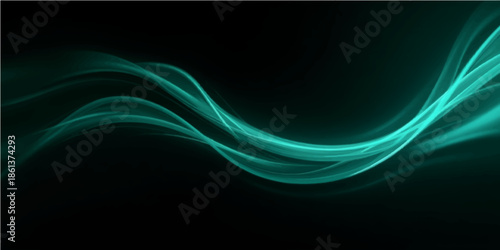 A futuristic abstract blue and green wave background featuring a smooth flowing motion of light curves and fractal lines for a dynamic energy pattern design wallpaper