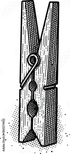 Classic Wooden Clothespin Sketch Engraving Vector Black and White Halftone Dot Texture Laundry Pin