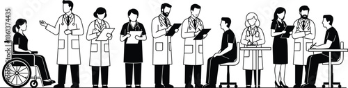 Black and white vector illustration of medical doctors, nurses, and patients in a clinic, healthcare professionals with clipboards, wheelchairs, and examination scenes,