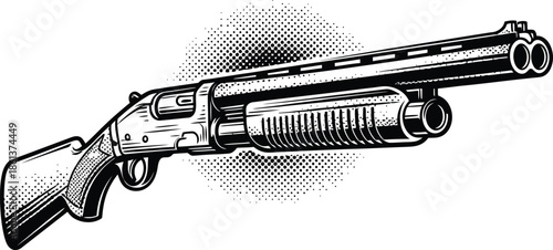 Vintage Black and White Shotgun Vector Illustration with Halftone Dots Retro Comic Style Weapon Graphic