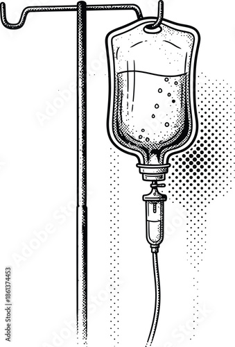 IV Drip Bag on Pole Retro Comic Book Style Drawing Black and White Vector Illustration for Medical Healthcare and Hospital Needs