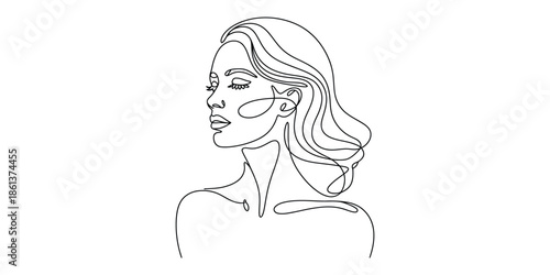 Minimalist one line art portrait of an elegant woman with flowing hair