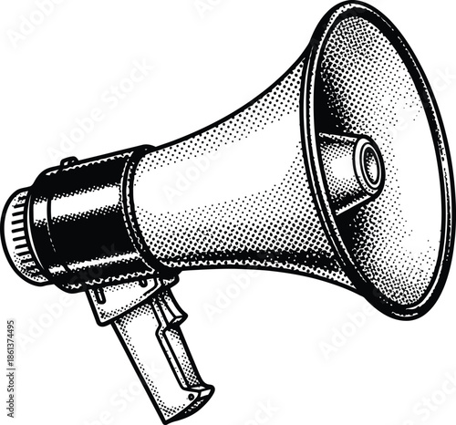 Megaphone Bullhorn Engraving Vector Illustration Black and White Retro Halftone Dot Comic Style Speaker Icon