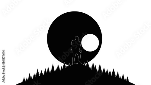 Silhouette of a lone person standing on a hill under a large moon.