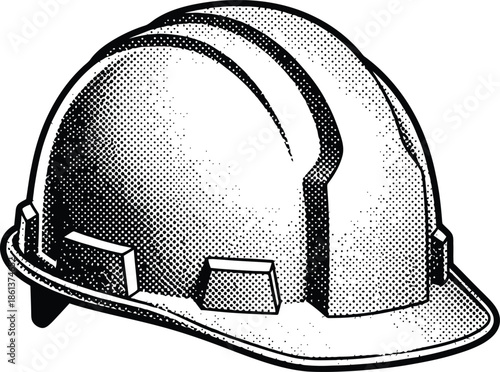 Black and white halftone vector illustration of a construction hard hat safety helmet