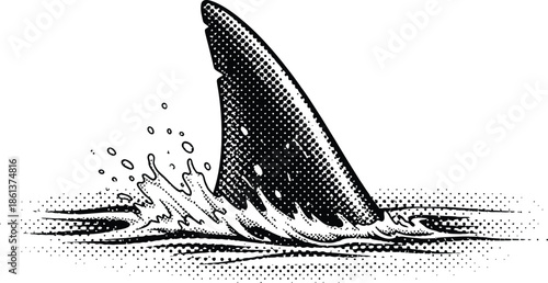 Menacing Shark Fin Surfacing in Water with Halftone Dots Black and White Comic Vector
