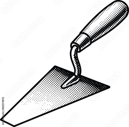 Black and White Halftone Trowel Vector Illustration Construction and Masonry Tool Engraving Style Graphic