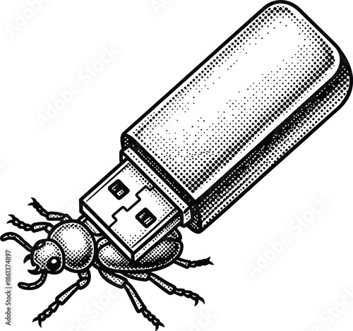Computer Bug Virus Attached to USB Flash Drive Vintage Engraving Halftone Style Black and White Concept Vector
