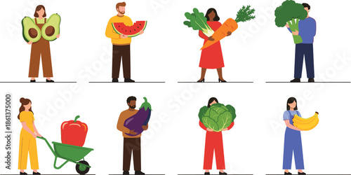 People holding fresh fruits and vegetables flat vector illustration set promoting healthy eating, organic food and lifestyle